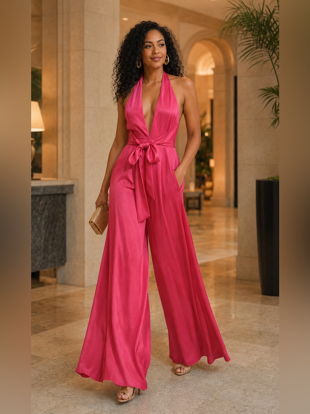 NOOKIE Utopia Hot Pink Halter Wide Leg Palazzo Jumpsuit M